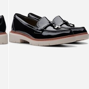 Clarks Black Patent Leather Loafers with Cream Soles